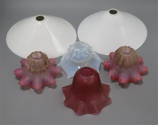 Six cranberry and other glass shades largest diameter 26cm